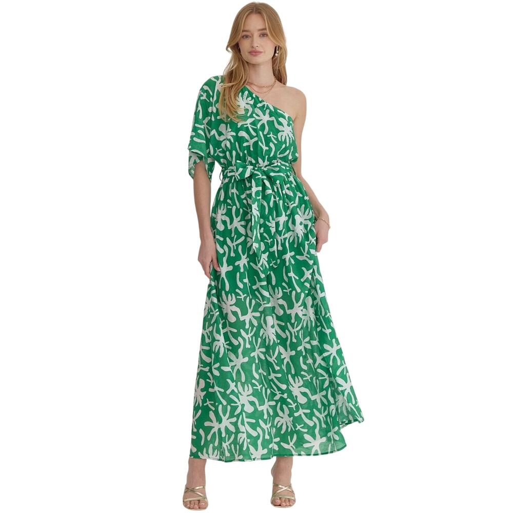 Entro NWT Nina Green One-Shoulder Printed Midi Dress with Slit Sz L